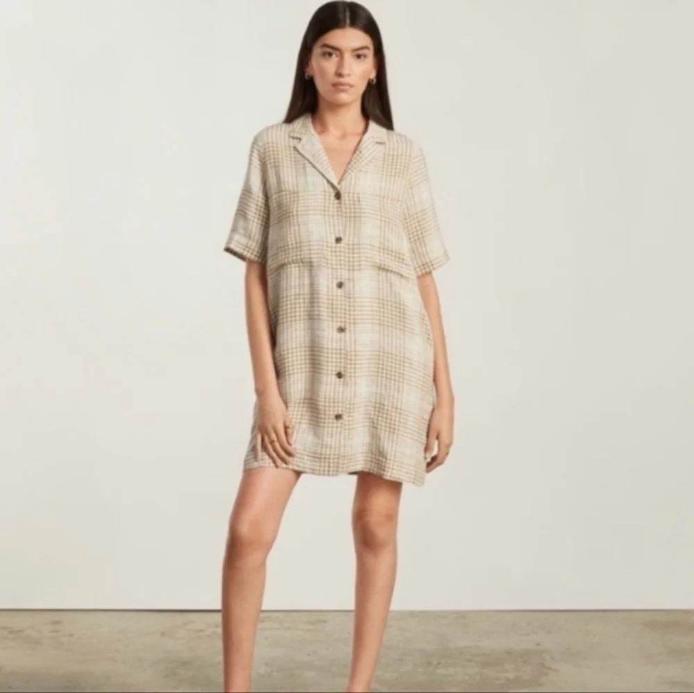 Everlane 100% Linen Dress Plaid Cream Tan Mini Short Sleeve XS Shirtdress Pocket